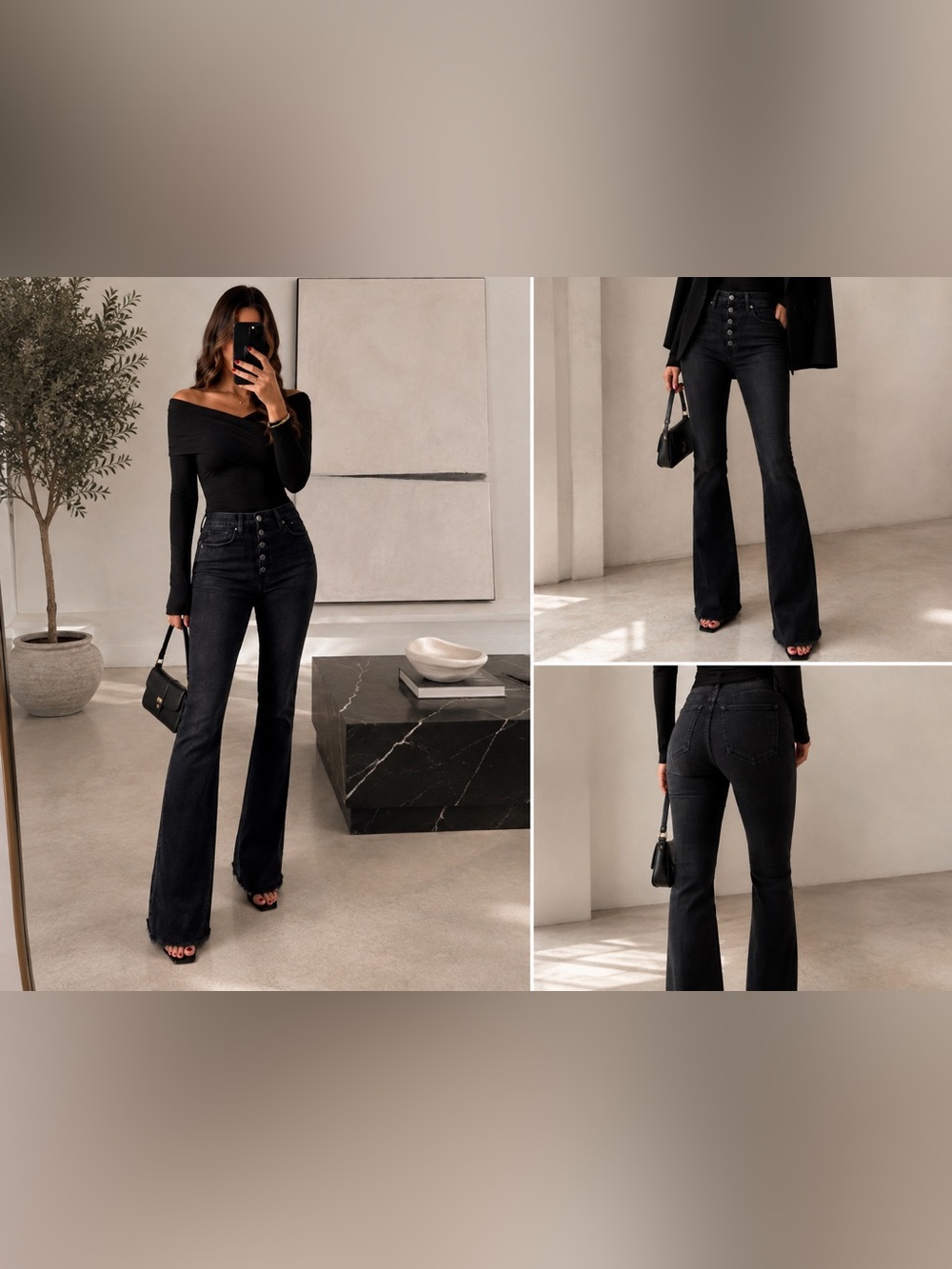 PAIGE High Rise Lou Lou Flare Jeans Midnight Dusk Black Raw Hem Button Fly 25
